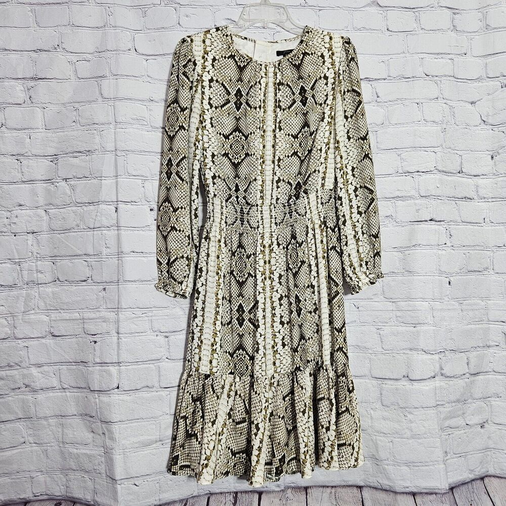 J Crew Womens Dress Size ST Long Sleeves Smocked Waist Snake Print Fit Flare